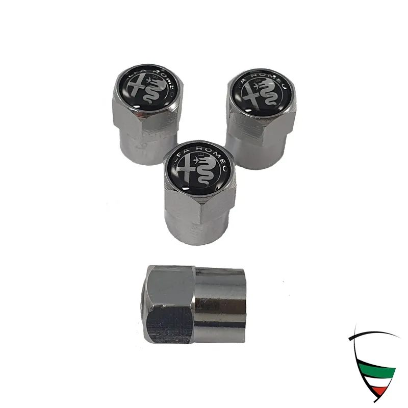 Jeu de capuchons de valve en métal chromé hexagonal Emblème Alfa Romeo noir/blanc