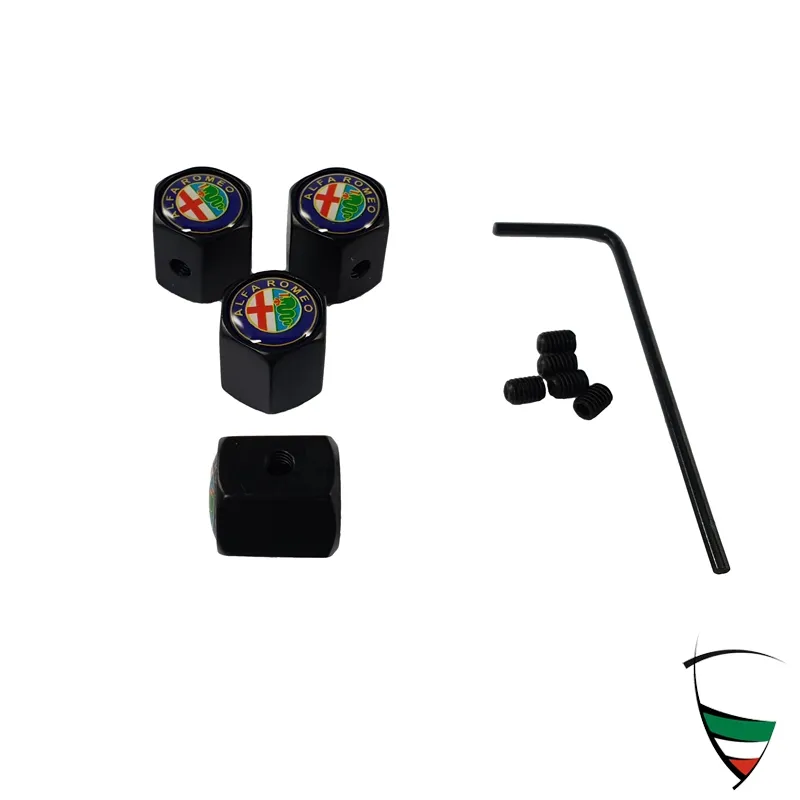 Set de capuchons de valve en métal noir hexagonal avec antivol emblème Alfa Romeo en couleur