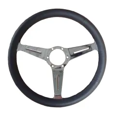 STEERING WHEEL 350 mm PLAIN LEATHER, CHROMED SLOTTED SPOKE, WITHOUT MOT