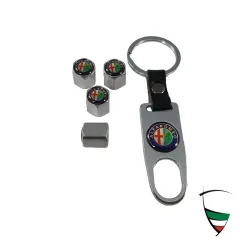 SET OF VALVE CAPS METAL CHROME HAXAGON 11MM WITH KEYCHAIN ALFA ROMEO EMBLEM COLORED